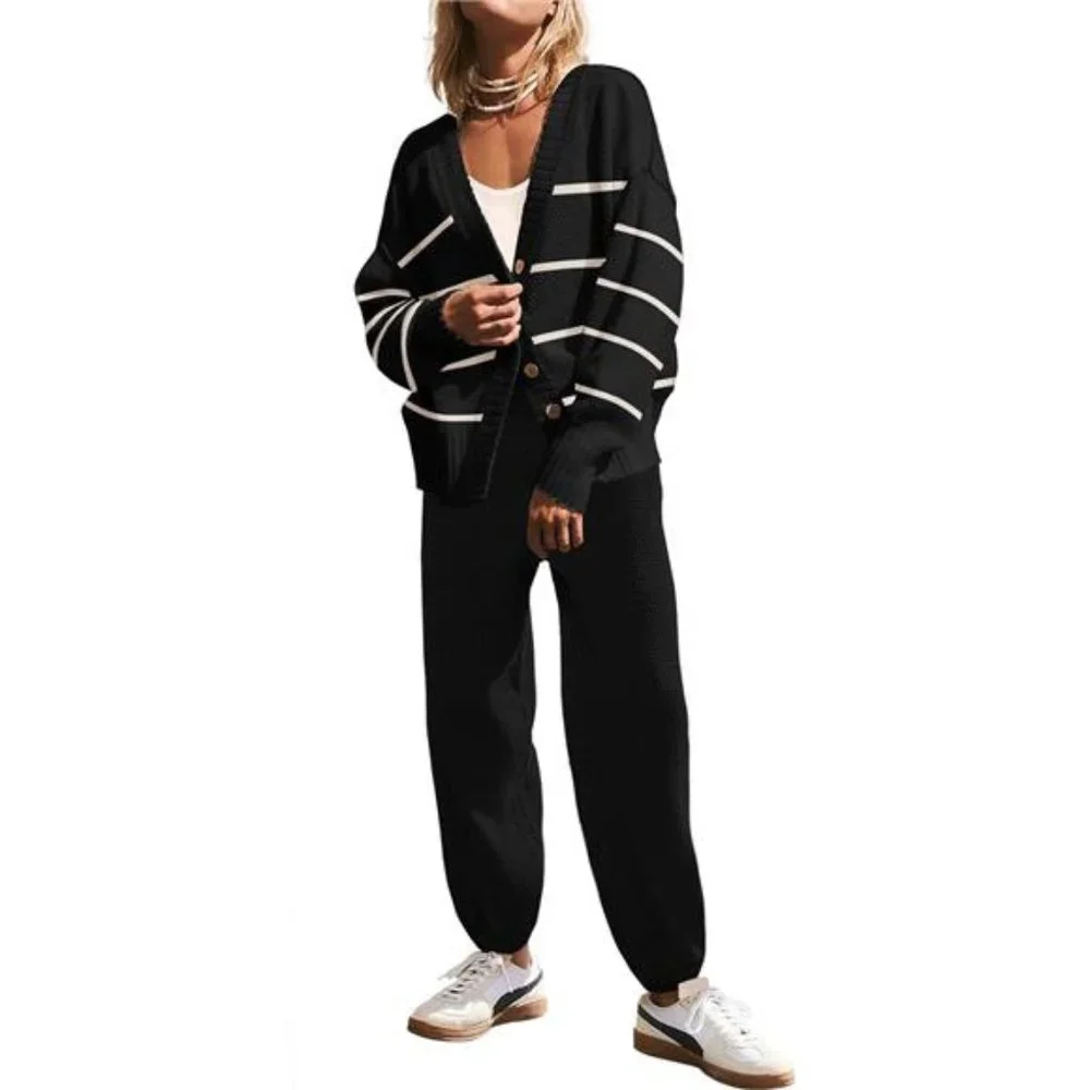 Women's Two Piece Outfits Knit Sweater Sets Oversized, Stripeblack